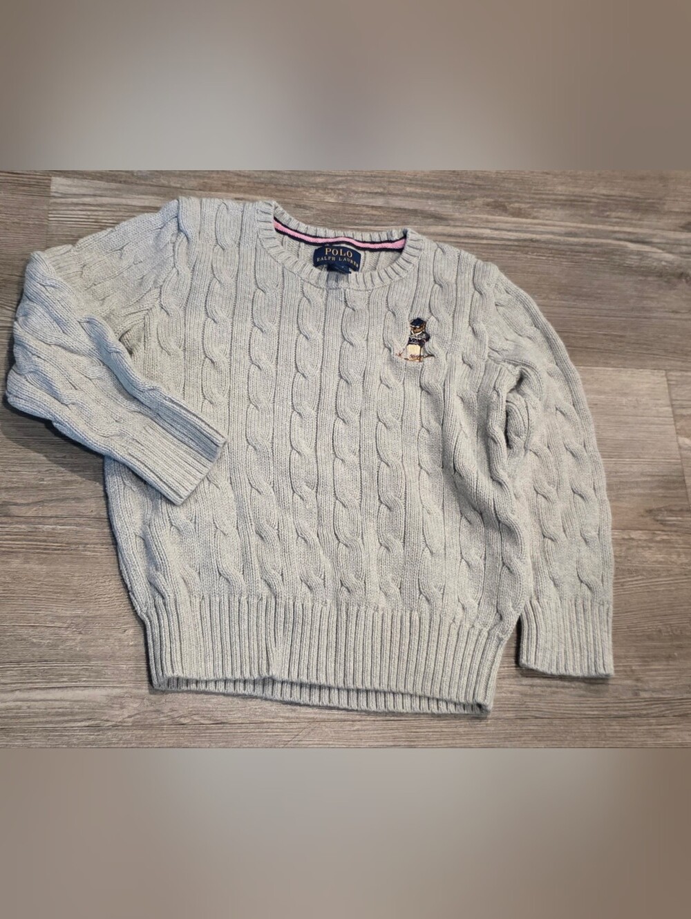 Polo by Ralph Lauren Kids Light Gray Cable Knit Crewneck Sweater with Bear Patch